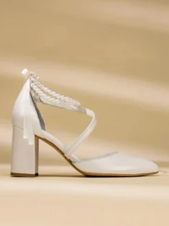 Chaussures de mariage à talons hauts chaussures de mariée à talons épais bout pointu perles bride à la cheville