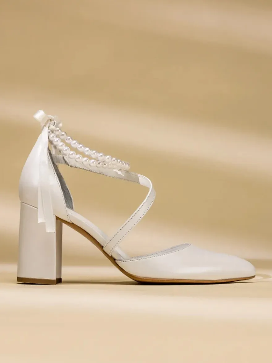 Chaussures de mariage à talons hauts chaussures de mariée à talons épais bout pointu perles bride à la cheville