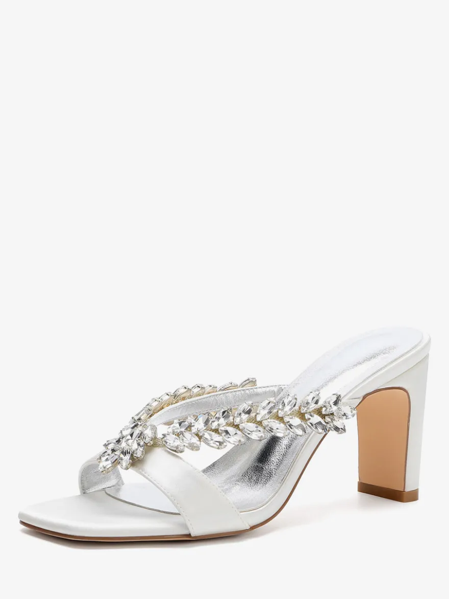 Chaussures de mariage à talons hauts en satin bout ouvert strass talons compensés