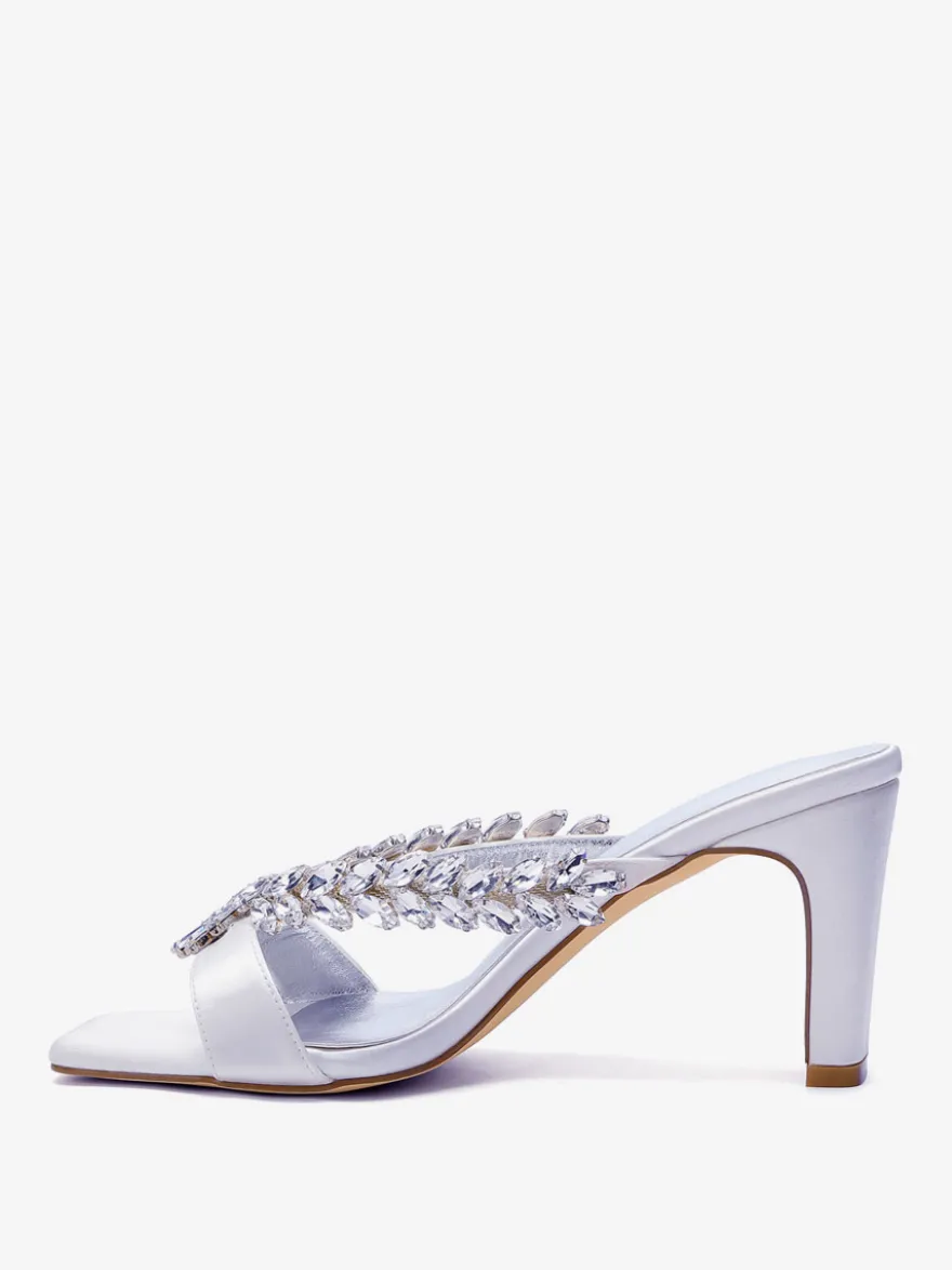 Chaussures de mariage à talons hauts en satin bout ouvert strass talons compensés
