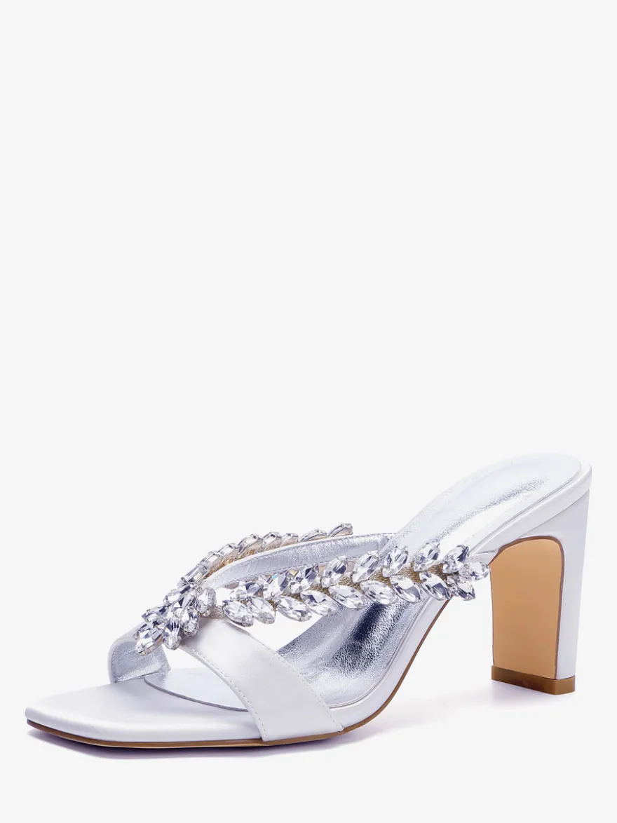 Chaussures de mariage à talons hauts en satin bout ouvert strass talons compensés