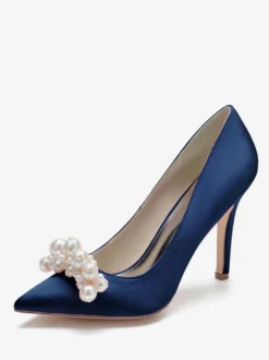 Chaussures de mariage à talons hauts Satin Bout pointu Perles Talon aiguille Escarpins de mariée