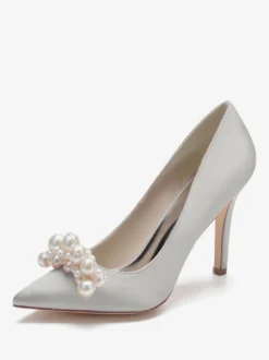 Chaussures de mariage à talons hauts Satin Bout pointu Perles Talon aiguille Escarpins de mariée