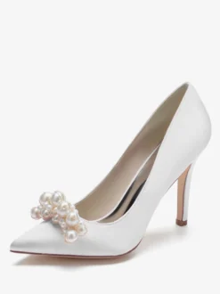 Chaussures de mariage à talons hauts Satin Bout pointu Perles Talon aiguille Escarpins de mariée