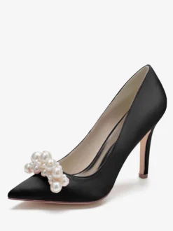 Chaussures de mariage à talons hauts Satin Bout pointu Perles Talon aiguille Escarpins de mariée