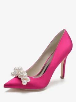 Chaussures de mariage à talons hauts Satin Bout pointu Perles Talon aiguille Escarpins de mariée