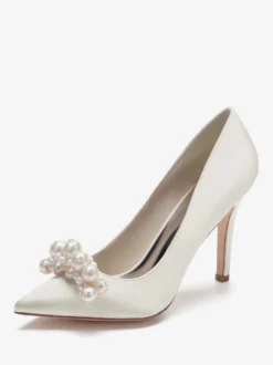 Chaussures de mariage à talons hauts Satin Bout pointu Perles Talon aiguille Escarpins de mariée