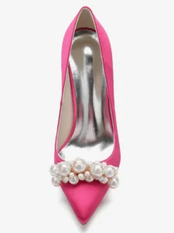 Chaussures de mariage à talons hauts Satin Bout pointu Perles Talon aiguille Escarpins de mariée