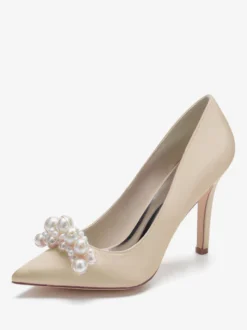 Chaussures de mariage à talons hauts Satin Bout pointu Perles Talon aiguille Escarpins de mariée
