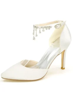 Chaussures de mariage à talons en satin unicolore avec strass ruban aux chevilles