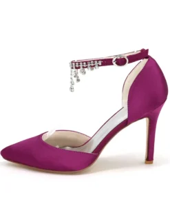 Chaussures de mariage à talons en satin unicolore avec strass ruban aux chevilles