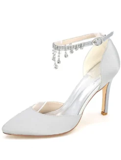 Chaussures de mariage à talons en satin unicolore avec strass ruban aux chevilles