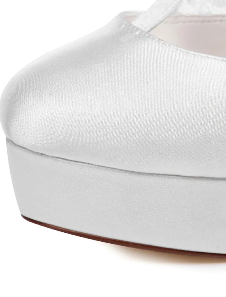 Chaussures de mariage à talons en satin blanc avec dentelle T-bracelet