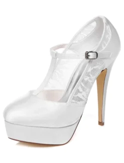 Chaussures de mariage à talons en satin blanc avec dentelle T-bracelet