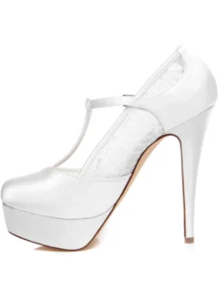Chaussures de mariage à talons en satin blanc avec dentelle T-bracelet