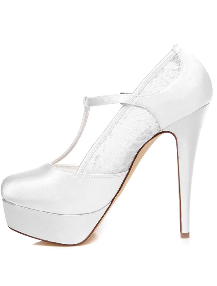 Chaussures de mariage à talons en satin blanc avec dentelle T-bracelet
