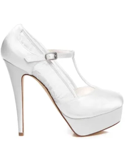 Chaussures de mariage à talons en satin blanc avec dentelle T-bracelet