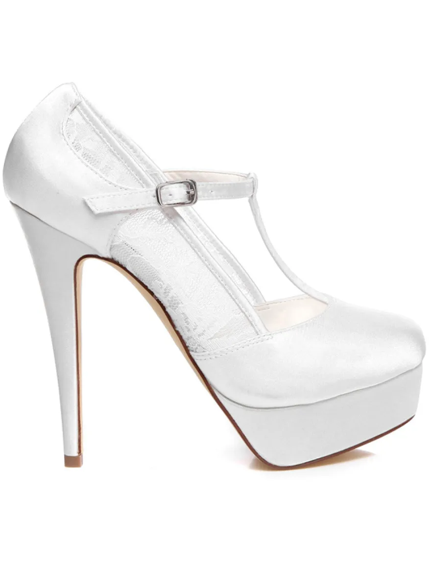 Chaussures de mariage à talons en satin blanc avec dentelle T-bracelet