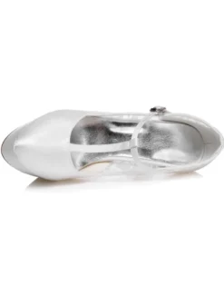 Chaussures de mariage à talons en satin blanc avec dentelle T-bracelet