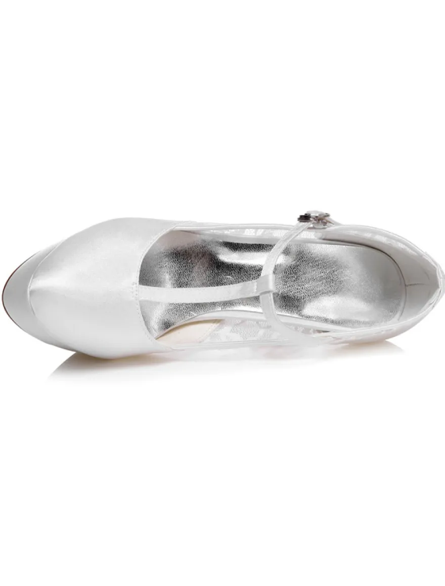 Chaussures de mariage à talons en satin blanc avec dentelle T-bracelet