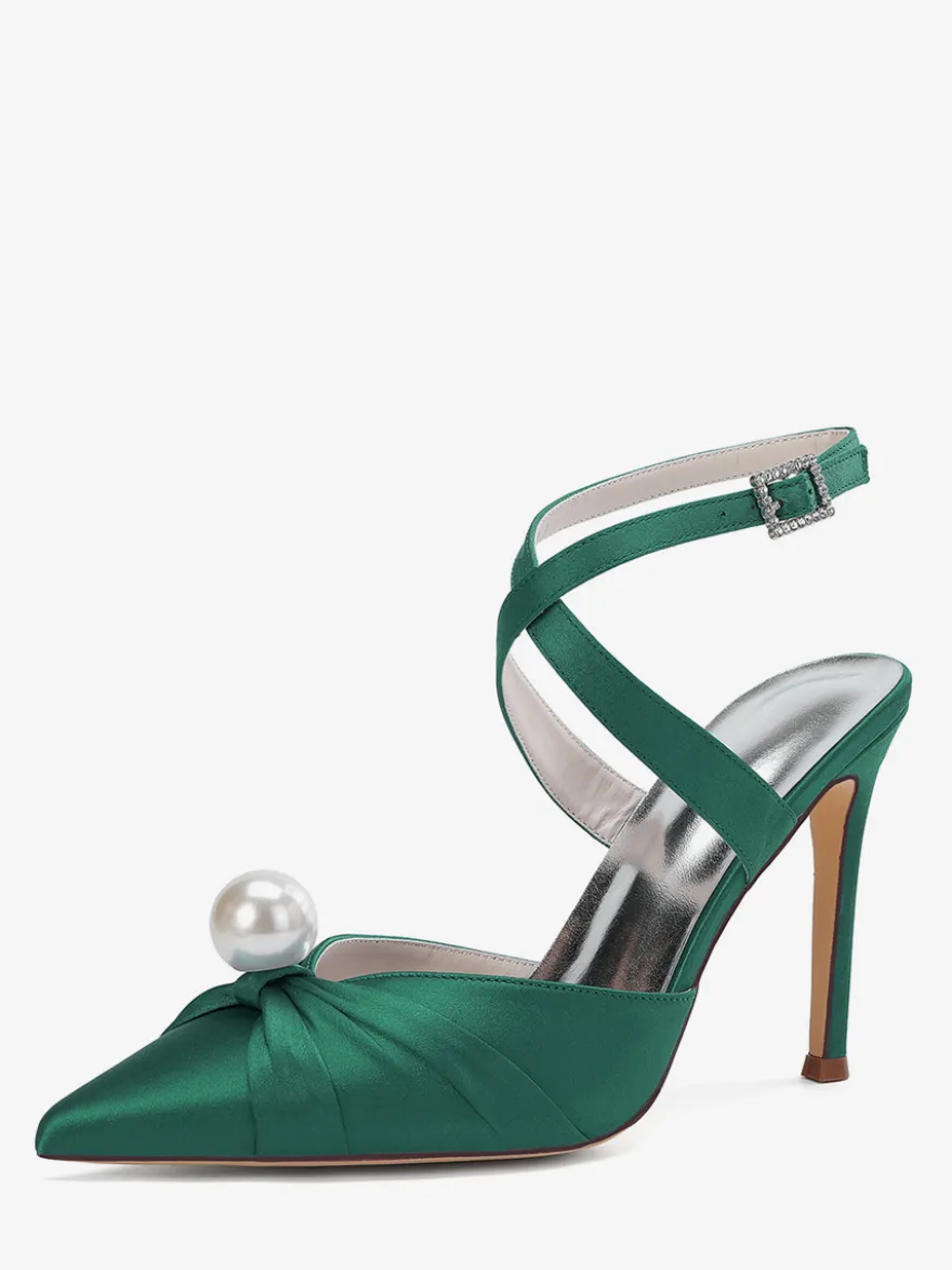 Chaussures de mariage à talons hauts en satin bout pointu perles escarpins à bride arrière