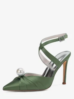 Chaussures de mariage à talons hauts en satin bout pointu perles escarpins à bride arrière