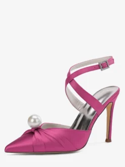 Chaussures de mariage à talons hauts en satin bout pointu perles escarpins à bride arrière