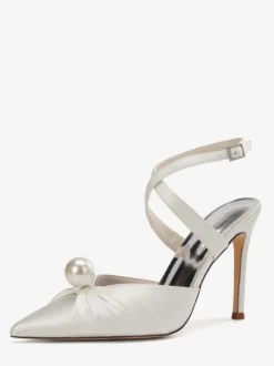 Chaussures de mariage à talons hauts en satin bout pointu perles escarpins à bride arrière