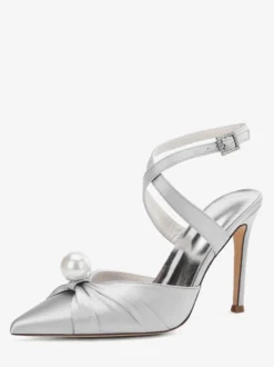 Chaussures de mariage à talons hauts en satin bout pointu perles escarpins à bride arrière