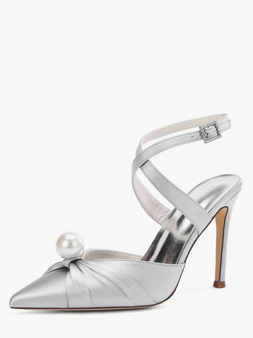 Chaussures de mariage à talons hauts en satin bout pointu perles escarpins à bride arrière