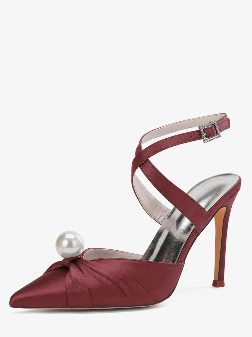 Chaussures de mariage à talons hauts en satin bout pointu perles escarpins à bride arrière