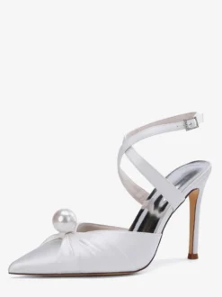 Chaussures de mariage à talons hauts en satin bout pointu perles escarpins à bride arrière