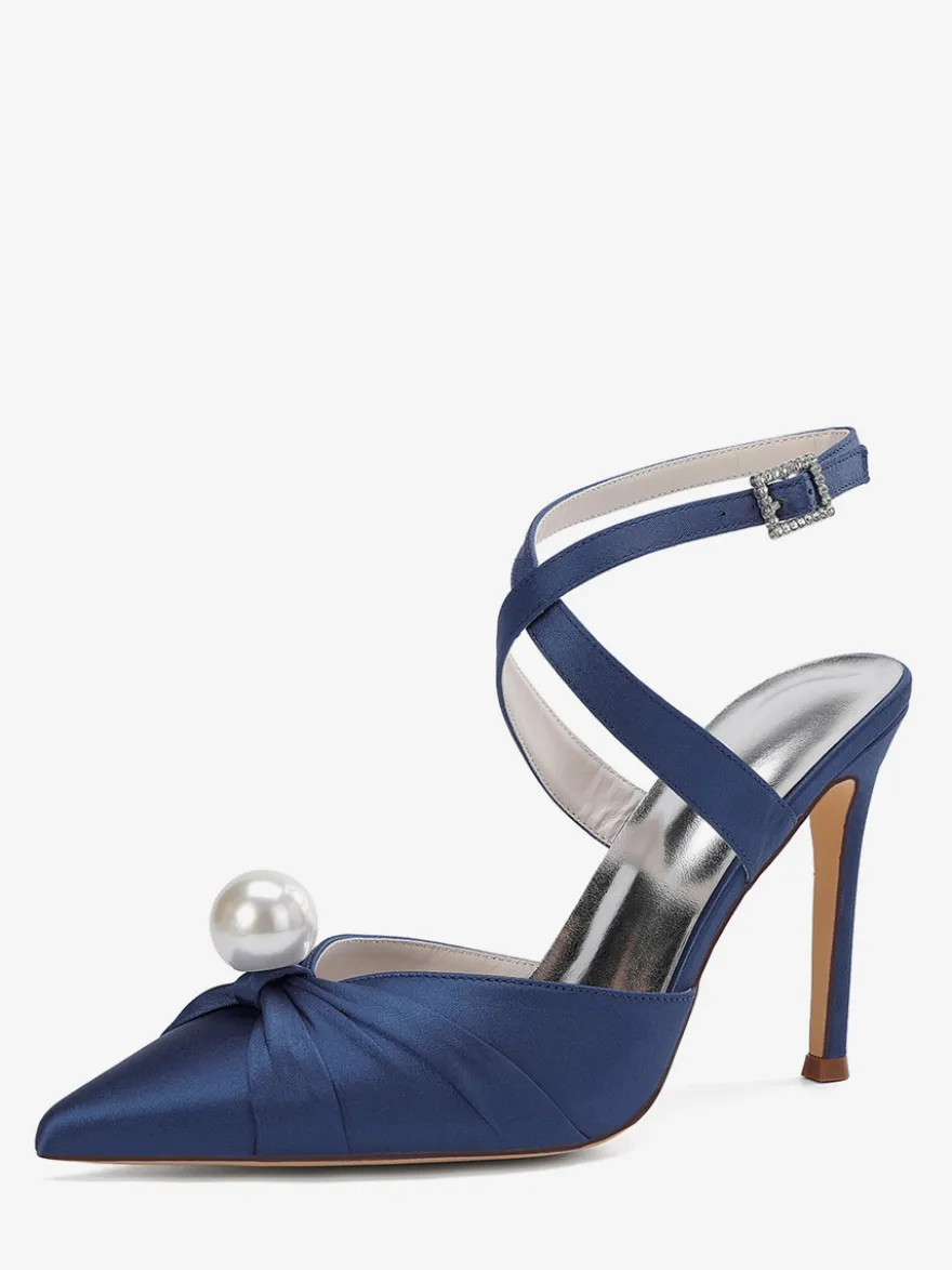 Chaussures de mariage à talons hauts en satin bout pointu perles escarpins à bride arrière