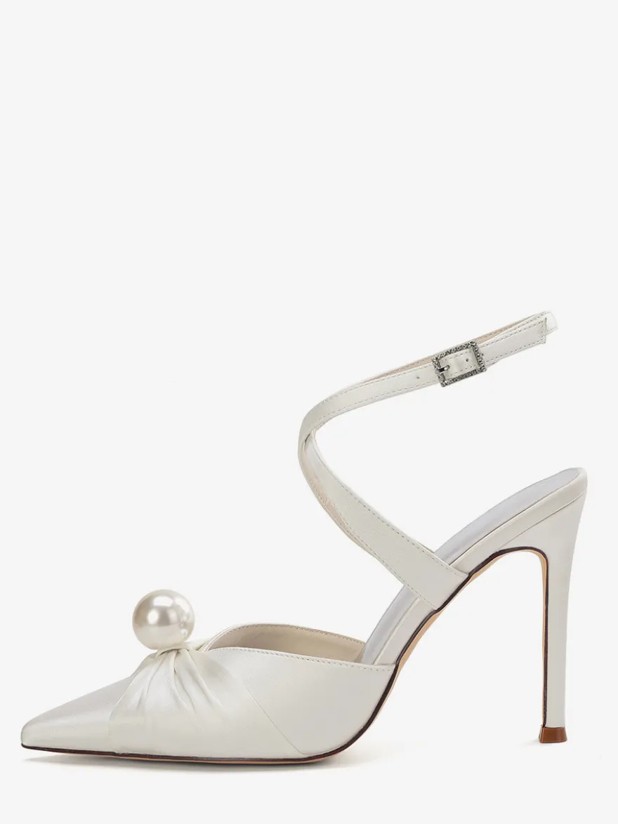 Chaussures de mariage à talons hauts en satin bout pointu perles escarpins à bride arrière