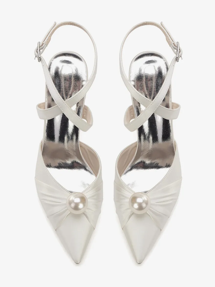 Chaussures de mariage à talons hauts en satin bout pointu perles escarpins à bride arrière