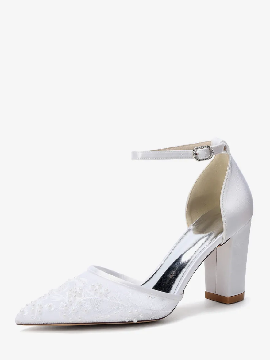 Chaussures de mariage à talons carrés bout pointu talons hauts perlés