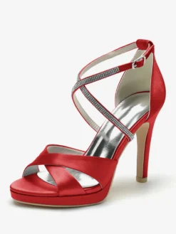 Chaussures de mariage à talons hauts ivoire à bout ouvert avec strass et corsage