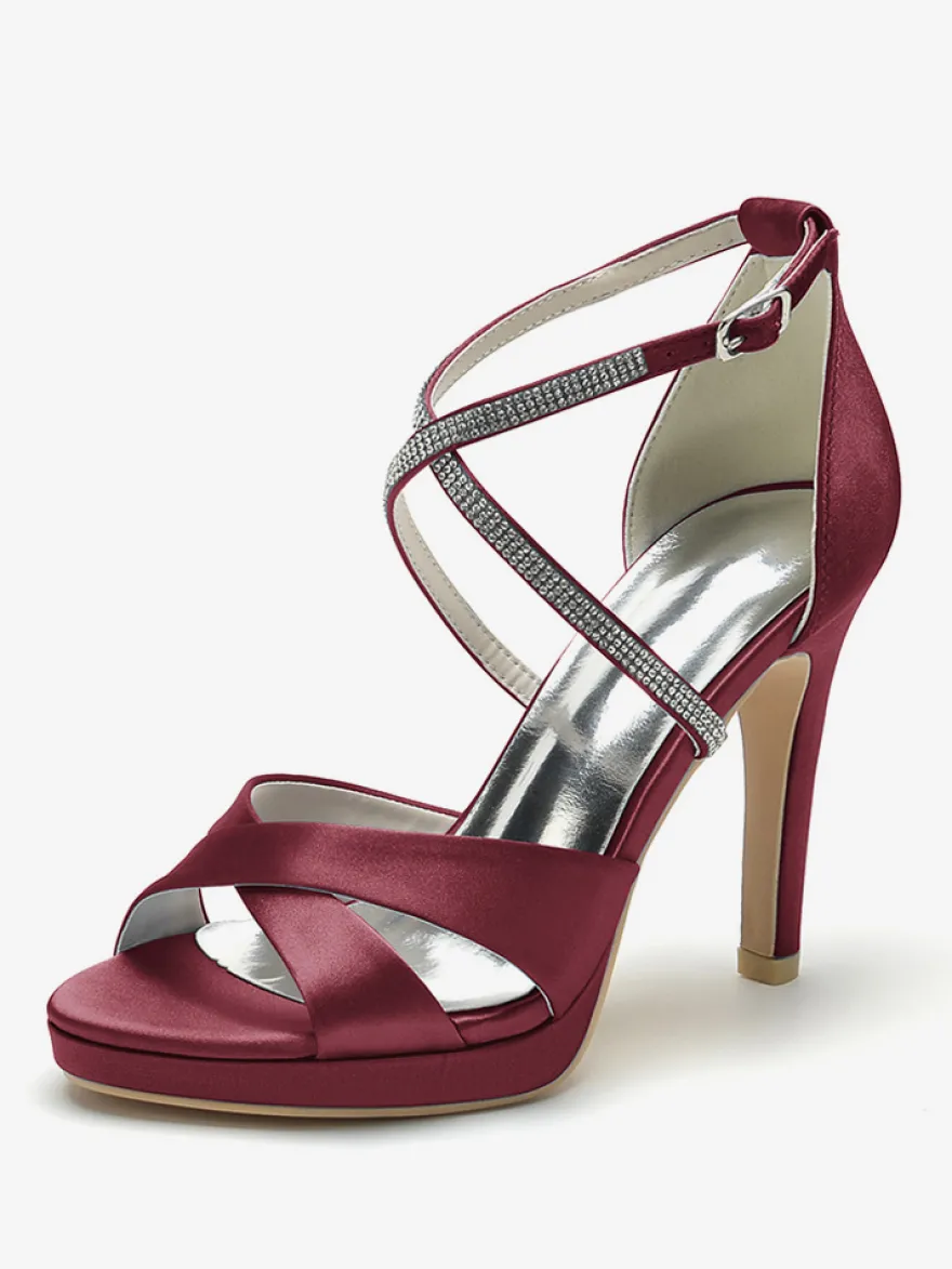 Chaussures de mariage à talons hauts ivoire à bout ouvert avec strass et corsage