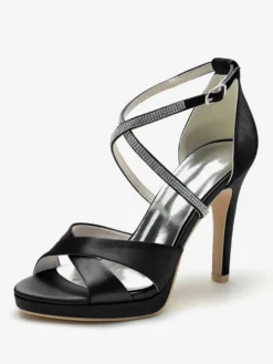 Chaussures de mariage à talons hauts ivoire à bout ouvert avec strass et corsage