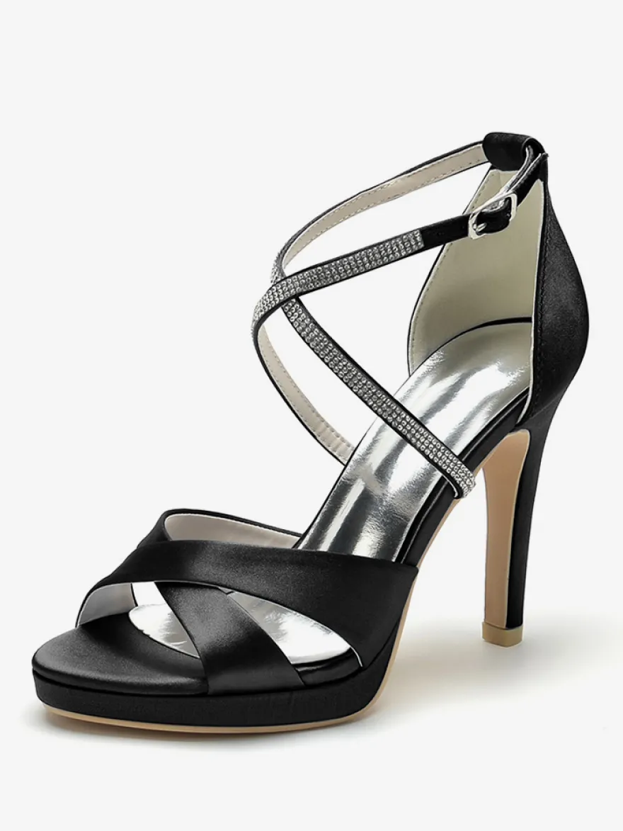 Chaussures de mariage à talons hauts ivoire à bout ouvert avec strass et corsage