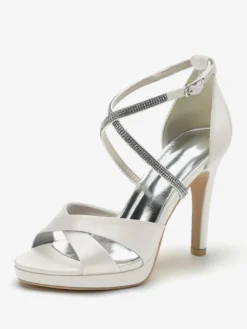 Chaussures de mariage à talons hauts ivoire à bout ouvert avec strass et corsage