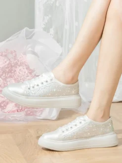 Chaussures de mariée femme mariage en dentelle à bout rond