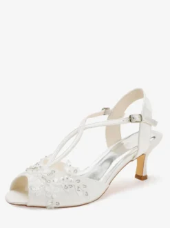 Chaussures de mariée à petits talons bout ouvert perles style T