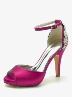 Chaussures De Mariée Pour Femmes Satin Bout Ouvert Strass Talon Épais Chaussures De Mariage