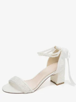 Chaussures de mariée à talon bloc bout ouvert dentelle perles bride cheville chaussures de demoiselle d'honneur