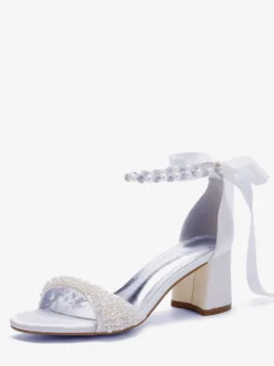 Chaussures de mariée à talon bloc bout ouvert perles strass bride cheville