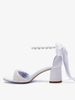 Chaussures de mariée à talon bloc bout ouvert perles strass bride cheville