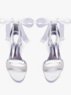 Chaussures de mariée à talon bloc bout ouvert perles strass bride cheville