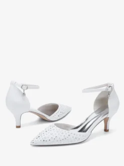 Chaussures de mariée à talon chaton en satin à bout pointu et strass