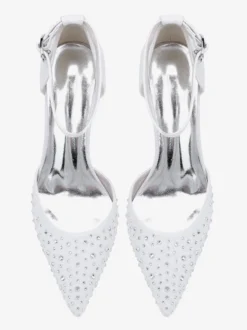 Chaussures de mariée à talon chaton en satin à bout pointu et strass